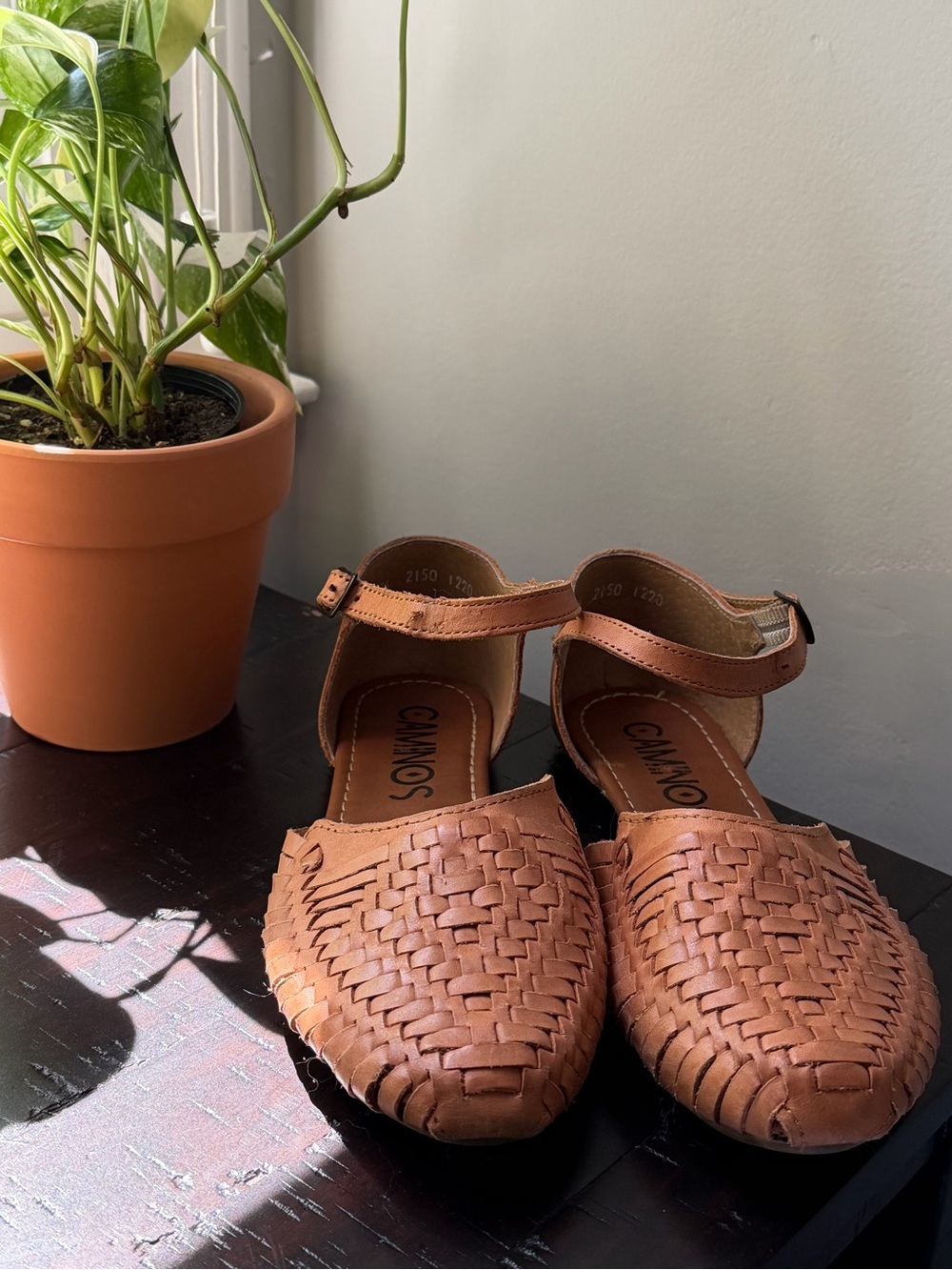 Ganni Woven Leather Ankle-Strap Flats in Tan Brown